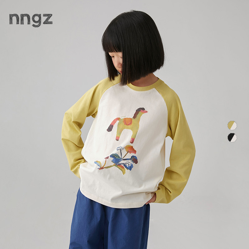 NNGZ设计师女童卡通玩偶印花t恤春季百搭儿童长袖上衣童装打底衫