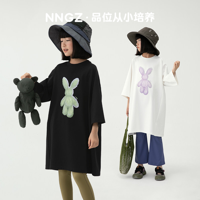 NNGZ兔子印花女童连衣裙春夏洋气时髦儿童t恤裙宽松休闲童装裙子