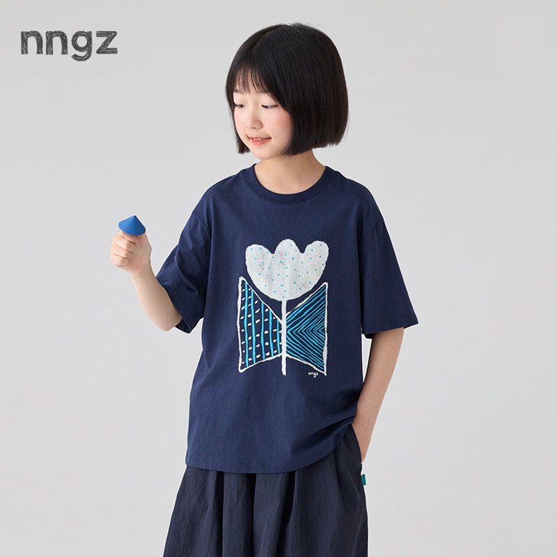 NNGZ设计师风女童花朵印花短袖t恤2026夏季新款儿童洋气撞色