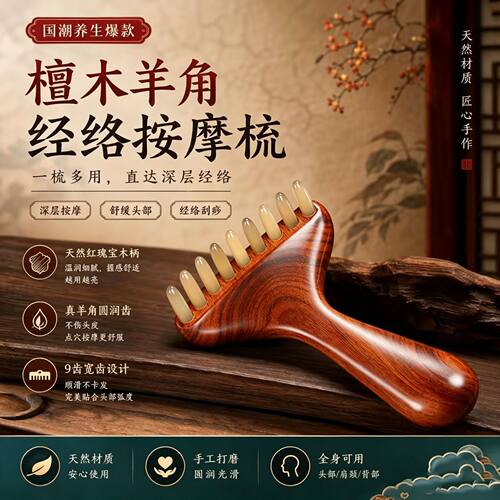 红瑰宝九齿钉耙羊角头部按摩器头皮身体经络梳按摩肩颈按摩工具
