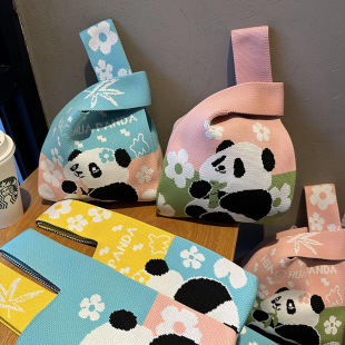 针织袋手提可爱熊猫毛线水桶包女百搭手拎背心包休闲盒饭袋子定制