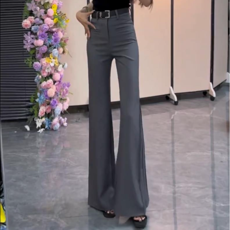 显瘦气质西装裤高腰灰色微喇女垂感2025春夏季薄款修身黑色长裤潮