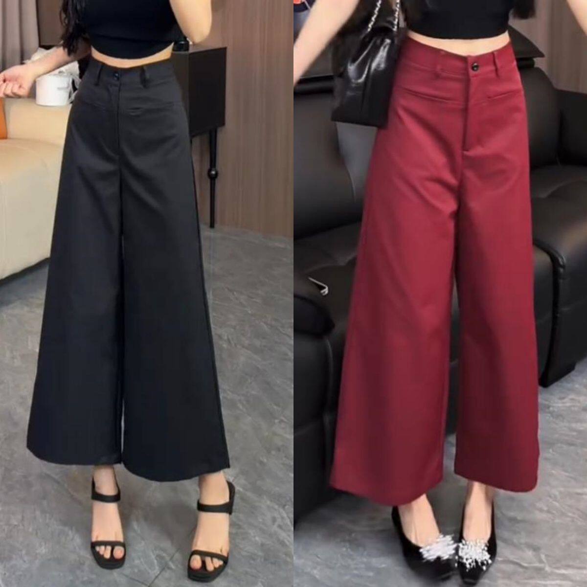 酒红色高腰直筒休闲阔腿西装裤女2026夏季宽松显瘦九分阔腿西裤子