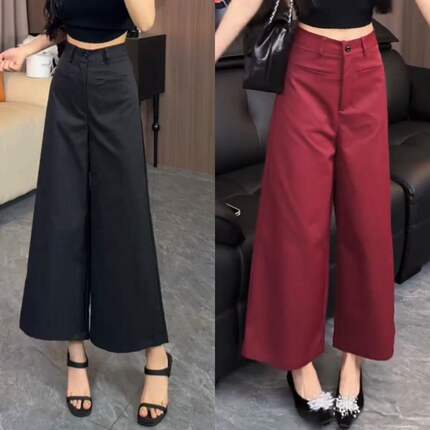 酒红色高腰直筒休闲阔腿西装裤女2026夏季宽松显瘦九分阔腿西裤子