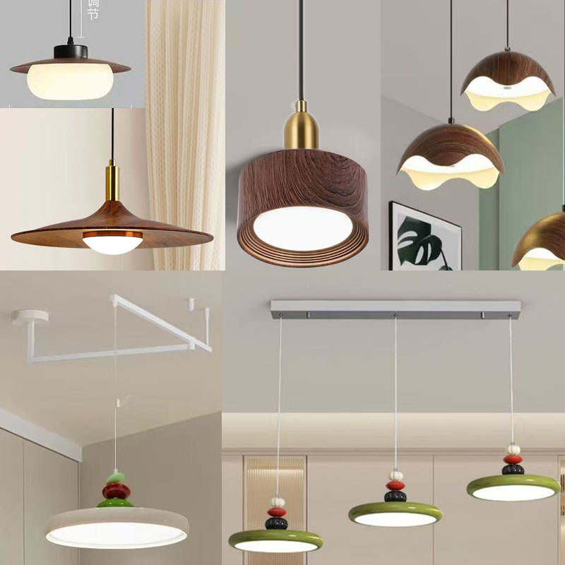 创意木纹餐桌吊灯飞盘奶油风M豆吊灯复古餐饮咖啡厅床头灯具