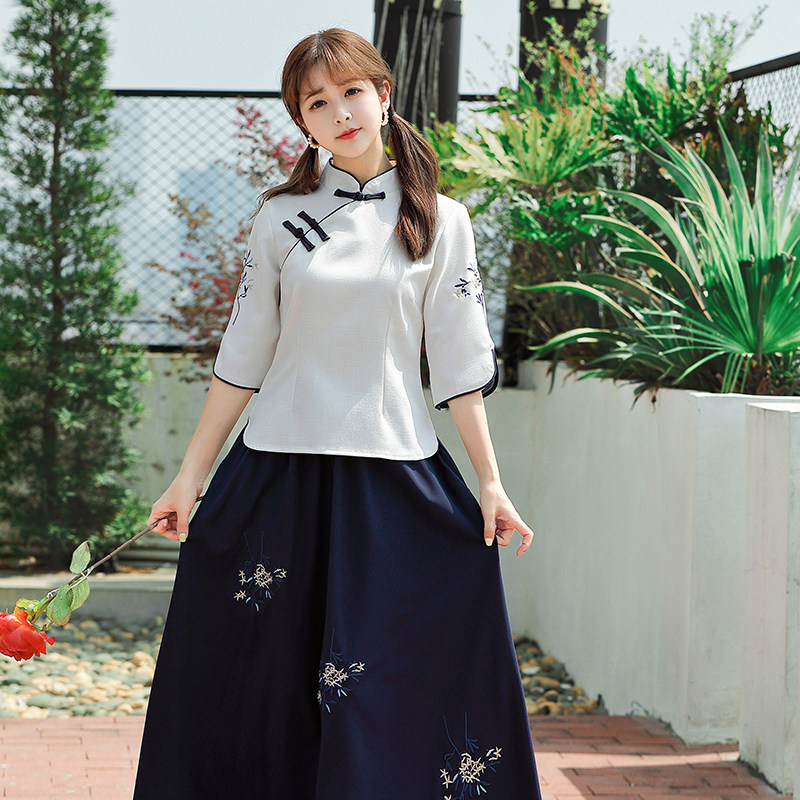 改良汉服女民国风学生装文艺复古茶服春夏新款刺绣长裙五四青年装