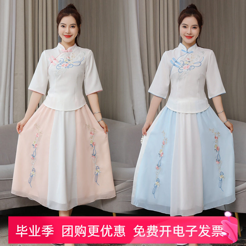 民国风女唐装春夏改良汉服复古旗袍连衣裙中国风学生套装日常茶服