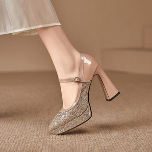 高跟鞋女2025年新款粗跟亮闪闪水晶防水台一字扣尖头配裙子的单鞋