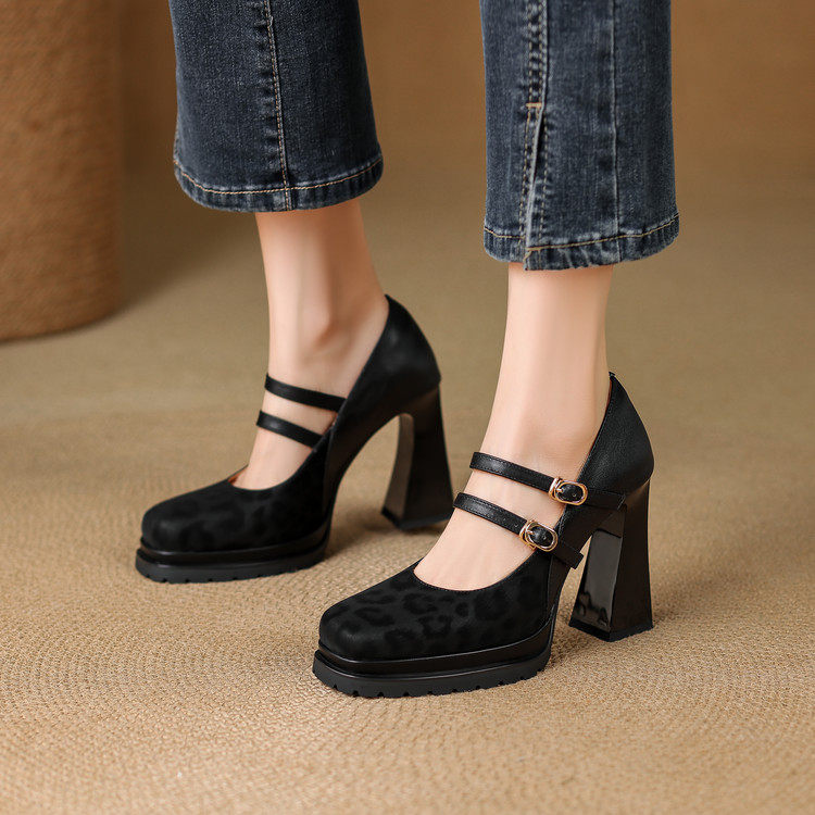 2026新款女士方头一字带玛丽珍单鞋复古防水台高跟鞋女粗跟不累脚