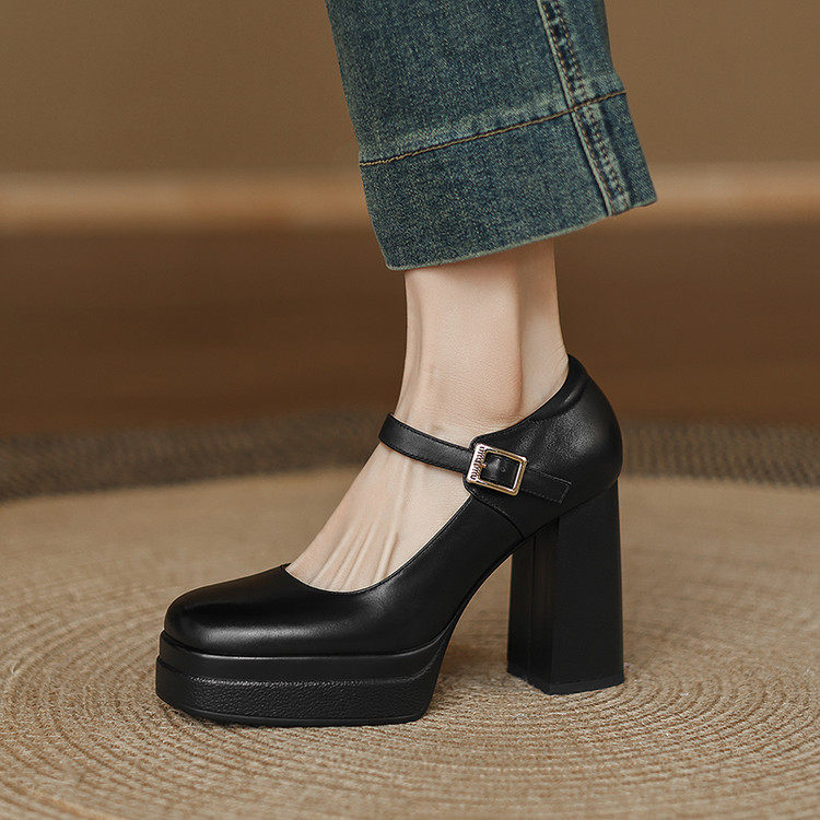 2026新款春夏季超高跟粗跟单鞋浅口厚底法式小皮鞋女