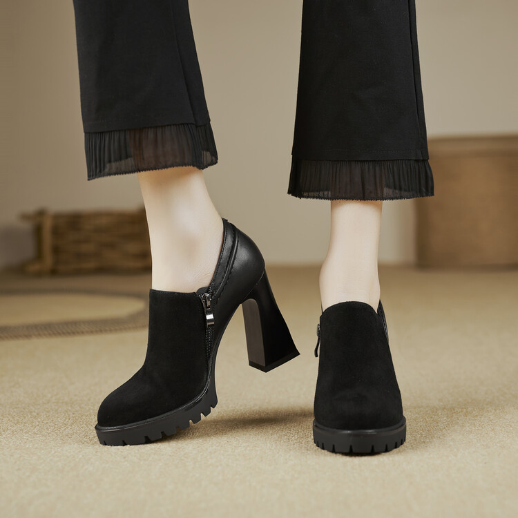 2025新款秋冬季高跟粗跟防水台圆头百搭小短靴磨砂深口单鞋女