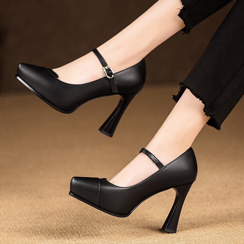旗袍模特走秀高跟鞋女软皮不累脚黑色粗跟防水台尖头职业工作单鞋