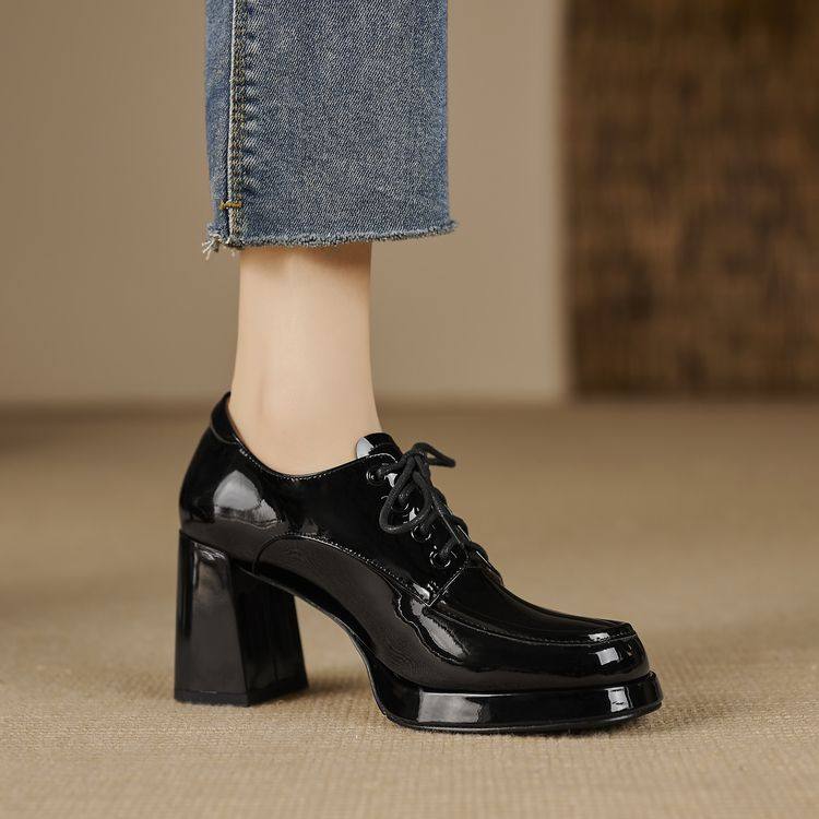 2025新款粗跟厚底防水台高跟鞋英伦风系带方头春秋深口单鞋女,女鞋,深口单鞋,淘宝优惠券,粉丝福利购,淘宝优惠卷
