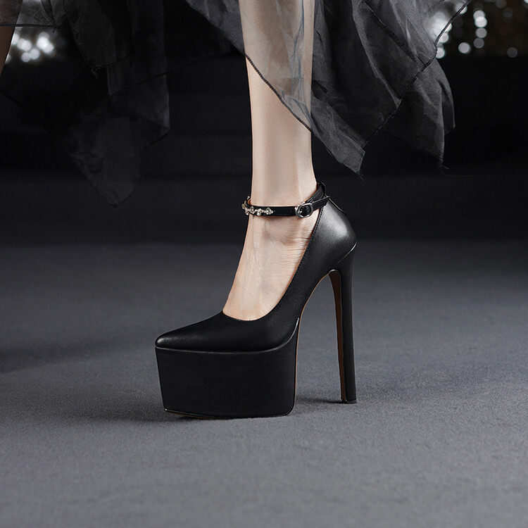 2025新款主持模特走秀礼服T台高跟鞋形体尖头细跟一字扣单鞋