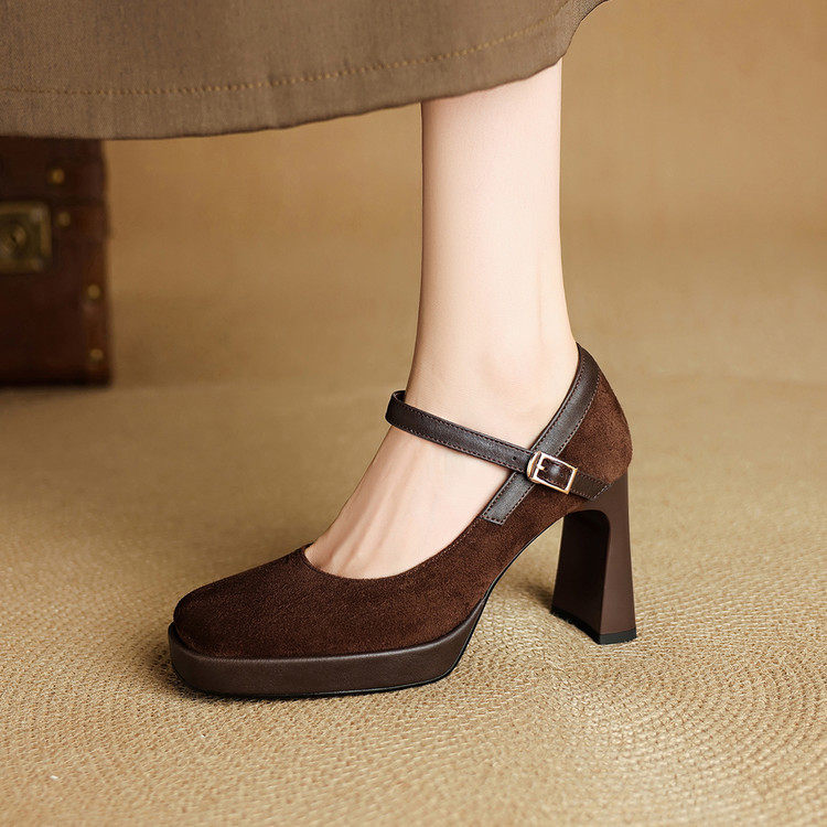 2026年新款方头一字带玛丽珍鞋不累脚复古防水台高跟鞋女粗跟