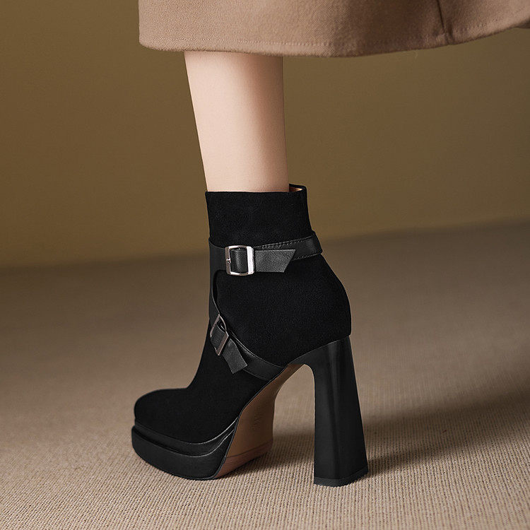 粗跟短靴皮带扣不累脚马丁靴2026秋冬方头真皮高跟鞋女