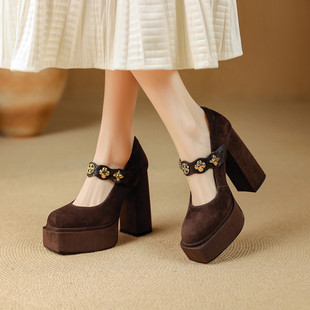 2026法式小高跟鞋千金风春秋款方头粗跟单鞋棕色真皮女鞋子