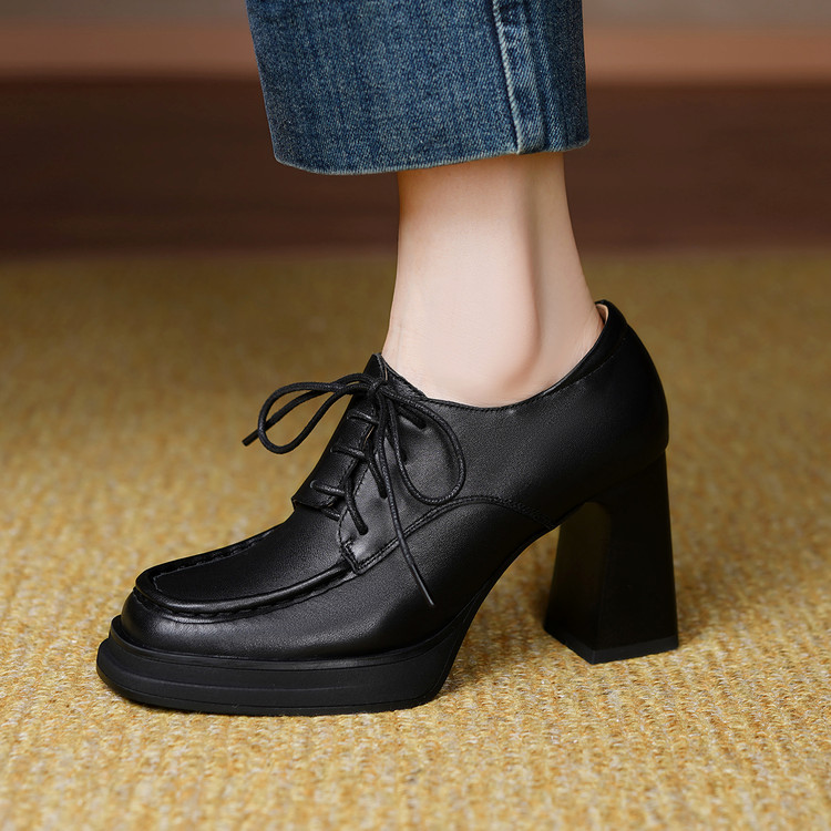 2025法式手工女鞋高跟鞋粗跟防水台方头系带深口单鞋女