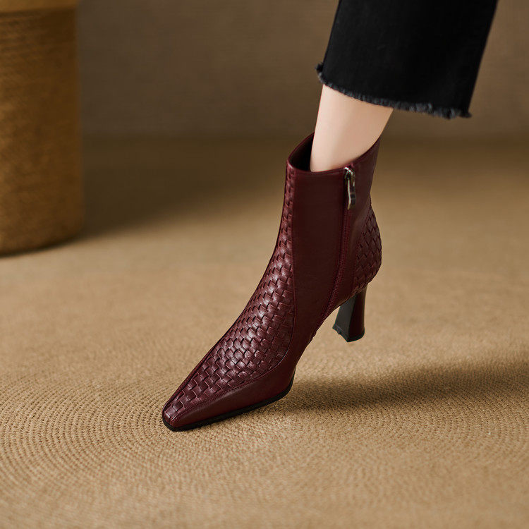 2026年新款方头细跟高跟编织短靴子气质时装靴优雅时尚及踝靴