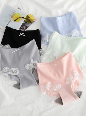 2条 PAPOSHOP内裤少女纯棉收腹中高腰日系性感蕾丝边无痕三角短裤