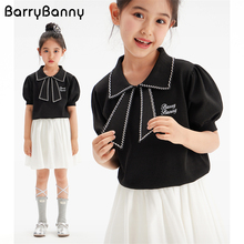 BarryBanny女童短袖T恤2024新款夏季蝴蝶结学院风泡泡袖黑色上衣
