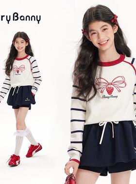 BarryBanny女童草莓条纹针织衫2026新款春季儿童休闲撞色长袖T恤