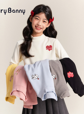 BarryBanny女童德绒打底衫秋季高弹新款半高领刺绣印花内搭上衣女