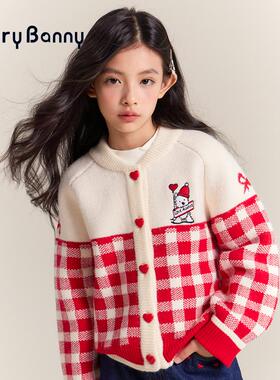 BarryBanny女童开衫毛衣外套女孩新款春季红格儿童中厚针织衫上衣