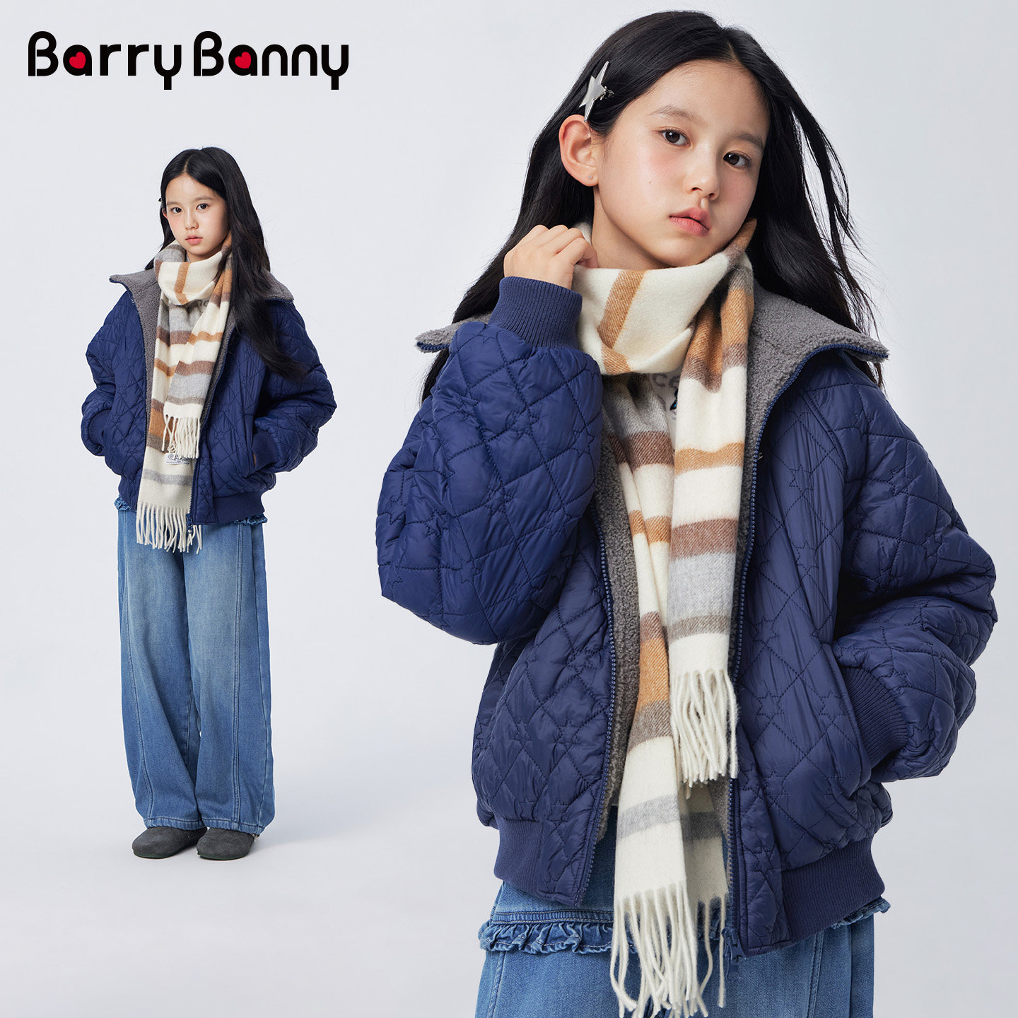 BarryBanny女童菱格绗缝棉服冬季新款中大童加绒保暖儿童棉衣外套