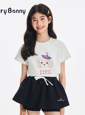 BarryBanny女童短袖T恤2026夏季新款儿童白色小狗印花圆领上衣女