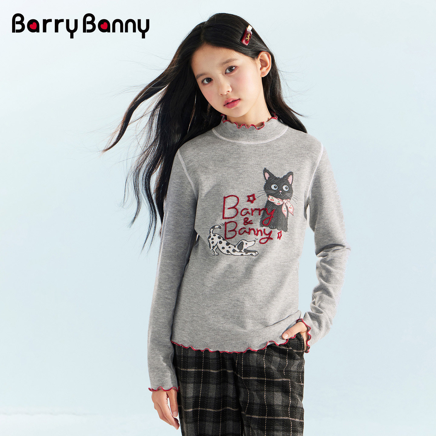 BarryBanny女童猫咪印花打底衫秋冬新款中大童半高领长袖T恤上衣