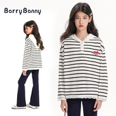 春季 BarryBanny女童长袖 T恤2026新款 黑白条纹连帽儿童V领蕾丝上衣