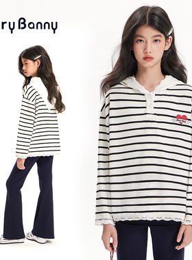 BarryBanny女童长袖T恤2026新款春季黑白条纹连帽儿童V领蕾丝上衣