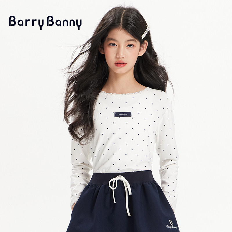 BarryBanny女童波点花边T恤2026新款春季圆领中大童百搭长袖上衣