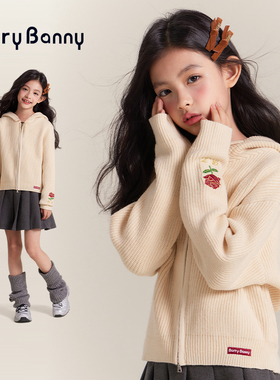 BarryBanny女童连帽针织衫2026春季新款法式复古玫瑰刺绣开衫外套