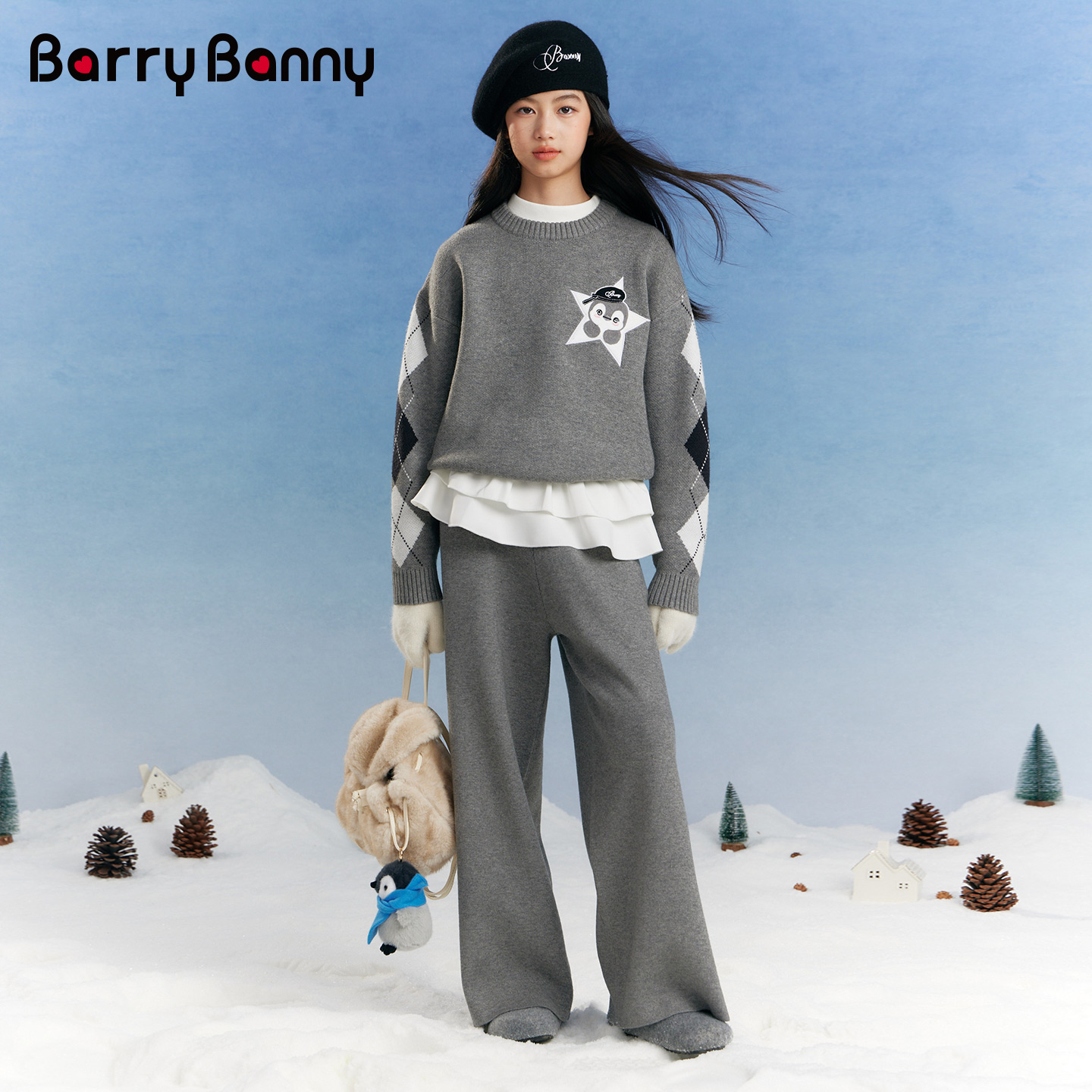 BarryBanny女童针织套装2025新款秋冬儿童洋气时髦毛衣宽松阔腿裤