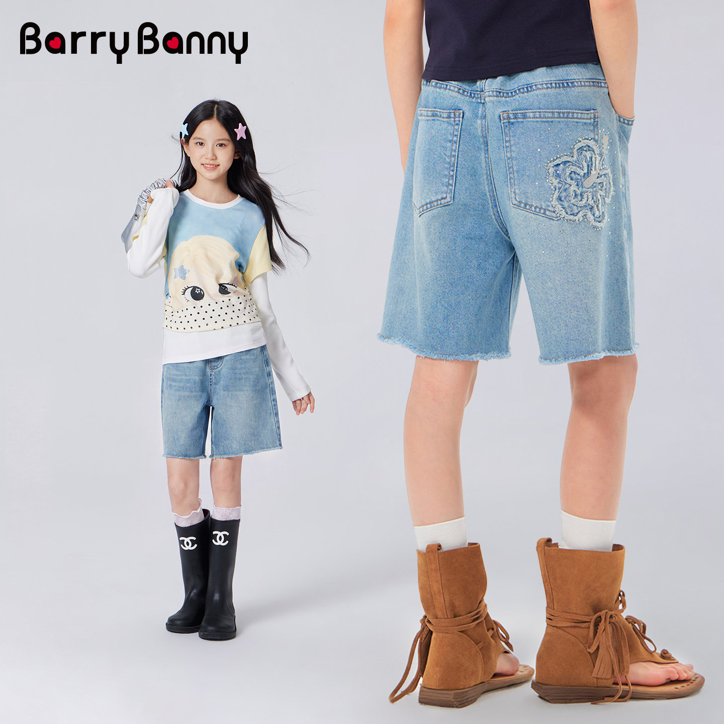 BarryBanny女童水洗五分牛仔裤图片