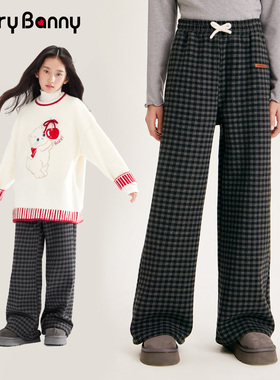 BarryBanny女童格子加绒阔腿长裤2026新款春季中大童复古直筒裤子