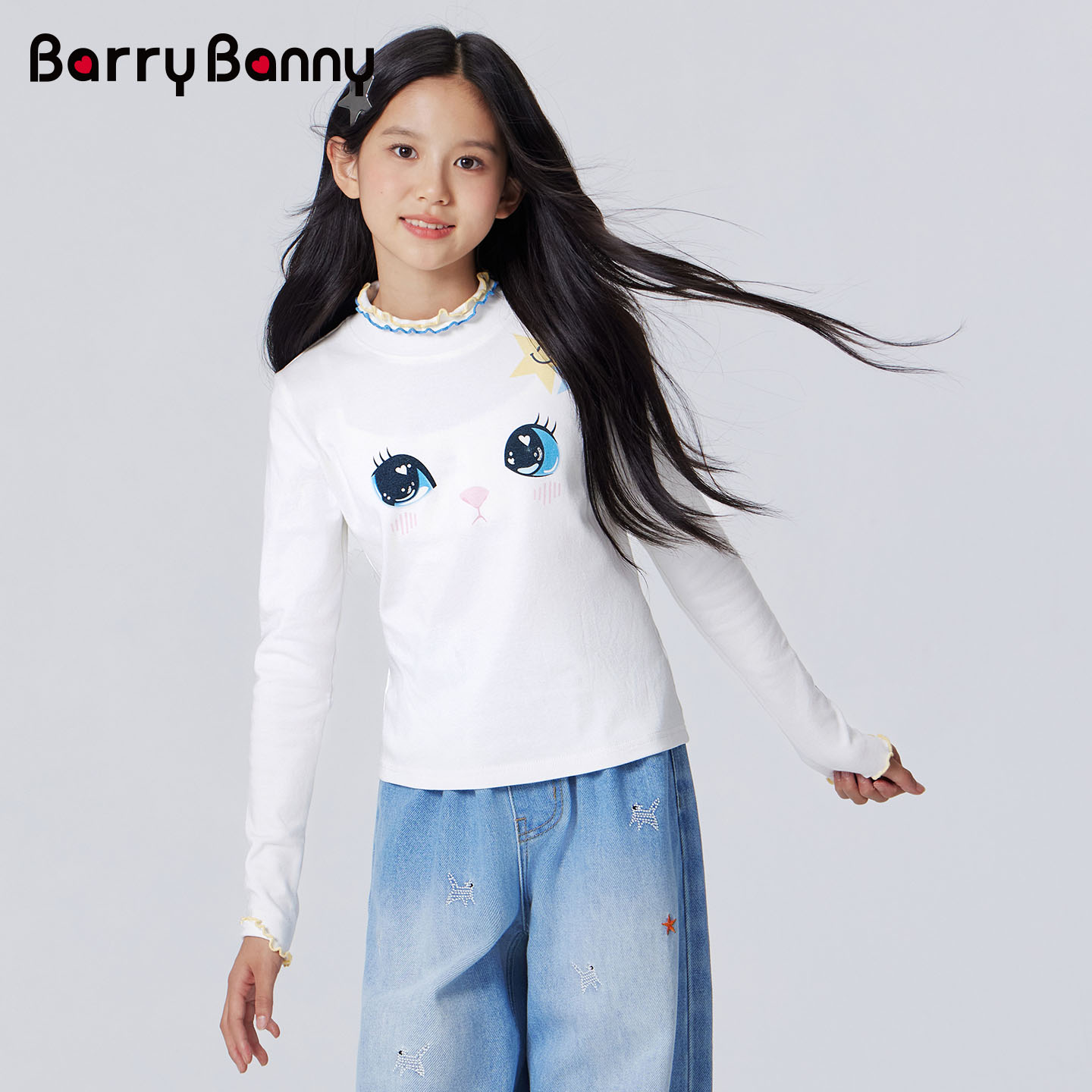 BarryBanny女童大眼猫咪印花长袖T恤秋季新款中大童半高领打底衫