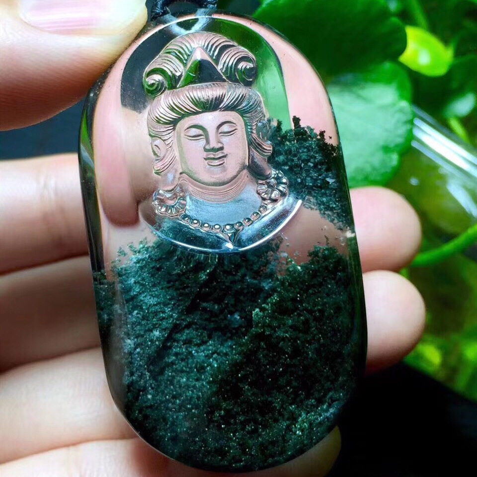 天然绿幽灵观世音菩萨吊坠 水晶绿幽灵观音聚宝盆千层山金字塔