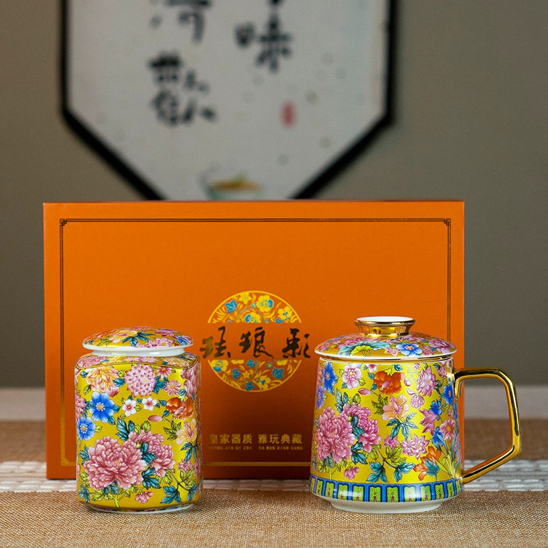鎏金高档珐琅彩茶水分离水杯陶瓷杯子女茶杯四方茶叶罐马克杯