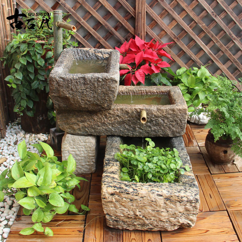 老石槽鱼缸室内流水循环花盆石头水槽庭院旧石盆养鱼流水装饰摆件