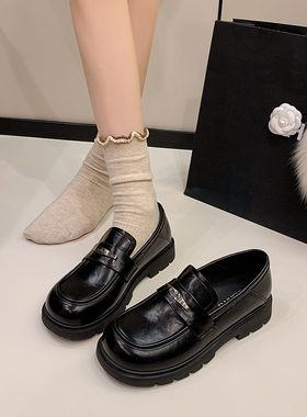 黑色乐福鞋女一脚蹬平底单鞋英伦厚底小皮鞋2026新款春秋jk豆豆鞋