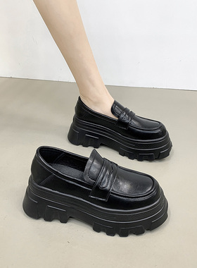 2025春秋新款厚底乐福鞋女内增高一脚蹬黑色单鞋英伦风百搭小皮鞋