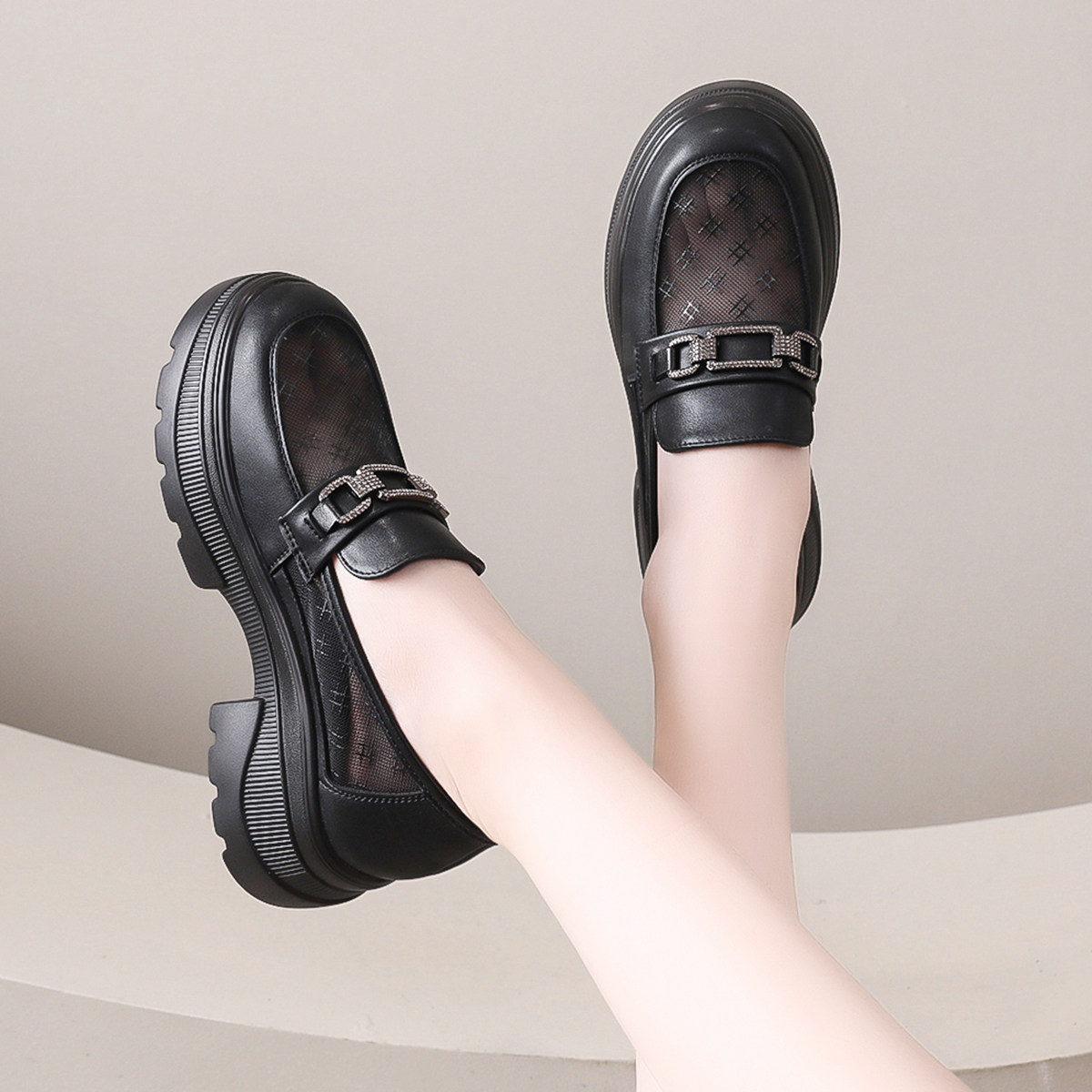 厚底网纱乐福鞋女小个子增高透气小皮鞋英伦网面单鞋2025春夏女鞋,女鞋,乐福鞋（豆豆鞋）,淘宝优惠券,粉丝福利购,淘宝优惠卷