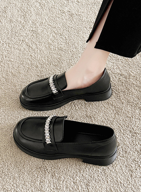 春秋单鞋女一蹬平底乐福鞋上班jk女鞋英伦风黑色小皮鞋百搭豆豆鞋