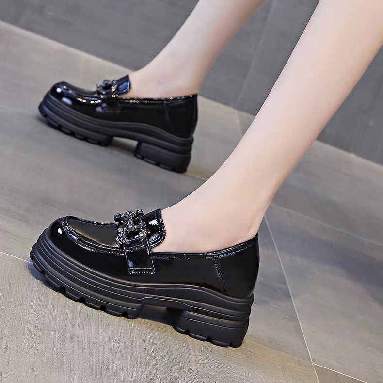 黑色厚底乐福鞋小个子jk小皮鞋