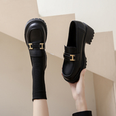 女一脚蹬粗高跟黑色单鞋 2025新款 春秋乐福鞋 英伦小皮鞋 增高jk女鞋