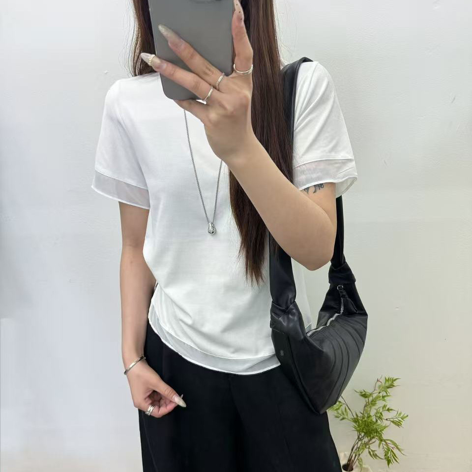 短袖t恤女2026新款夏季圆领修身韩版休闲纯色拼接洋气上衣7601
