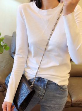 DW秋冬季新款内搭圆领白色纯棉修身百搭加绒加厚打底衫长袖T恤女